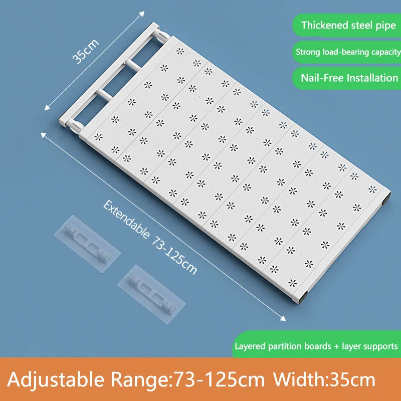 No-Drill Expandable Shelf Dividers Adjustable Wardrobe Cabinet Organizers Kitchen/Bathroom Storage Rack Dorm Space-Saving Qme 73-125cm 35cm
