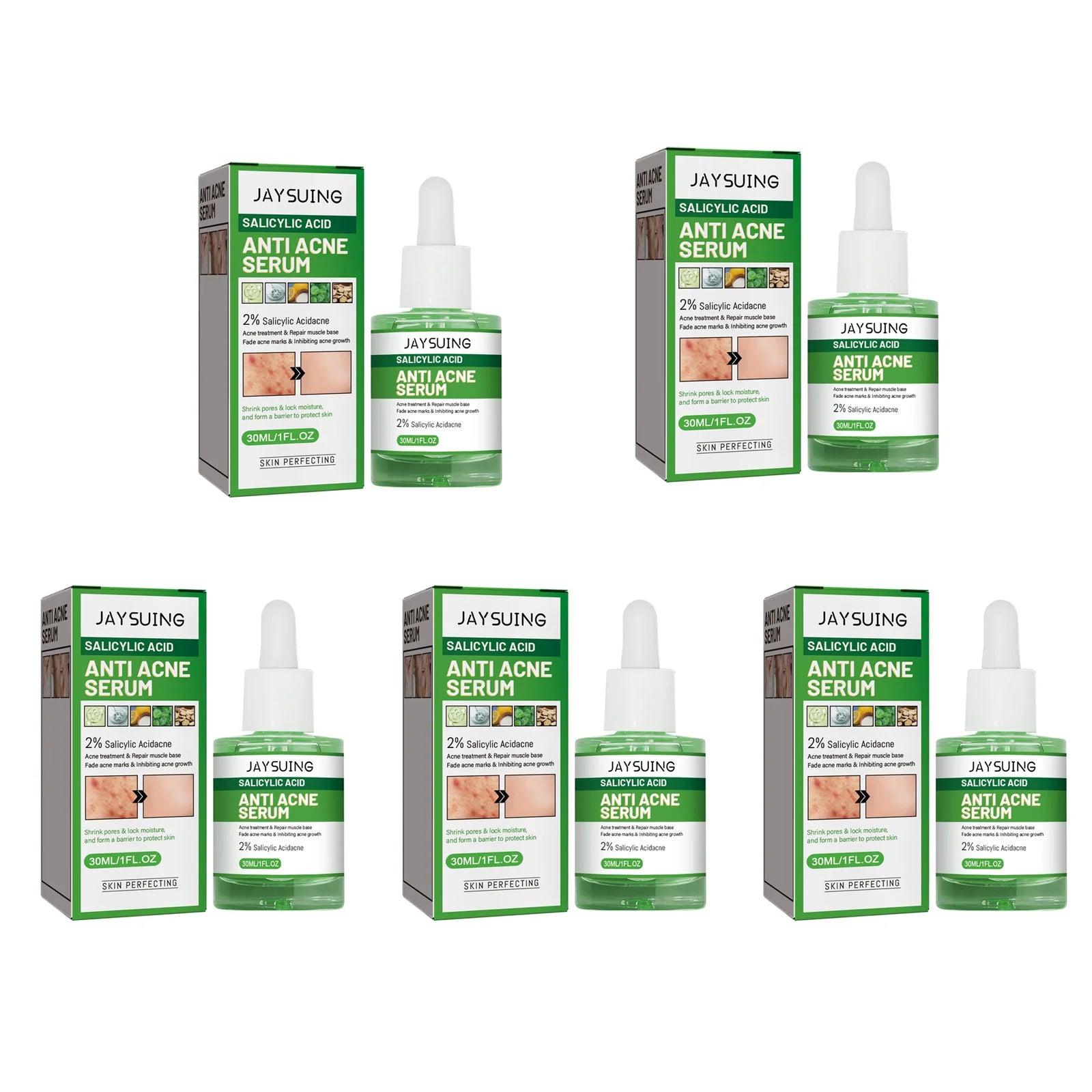 Salicylic Acid Anti Acn-e Face Serum Hydrating Fader Acne Mark Pimple Blackhead Removal Shrink Pores Oil Control Facial Essence Qme 5 x 30ml Boxed