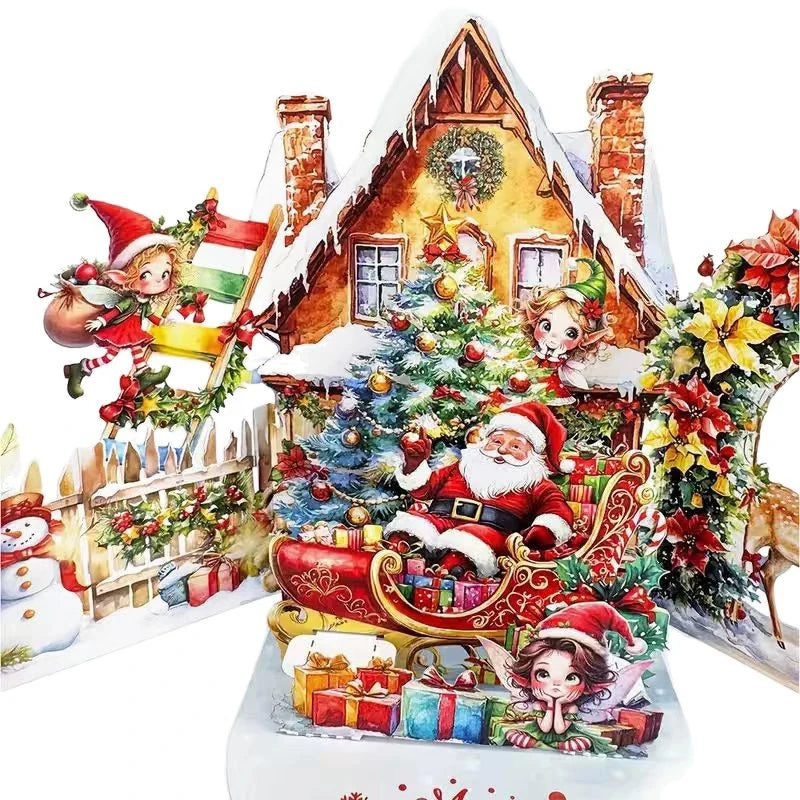 3D Christmas Card Night Before Scene Santa Reindeer Snowy Village Qme A