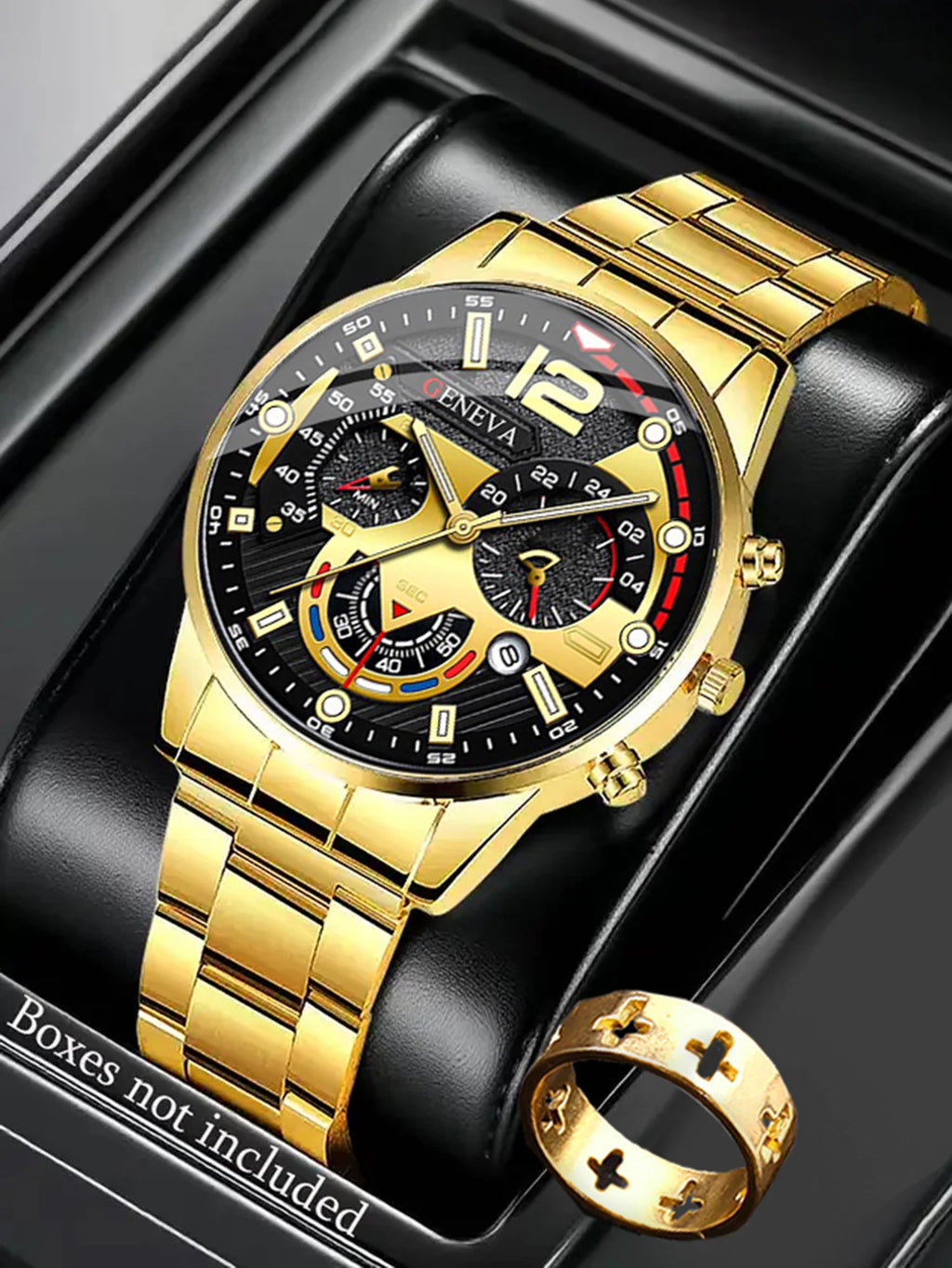 Men's Quartz Watch And Ring Set Stainless Steel Band Suitable for Daily Wear Birthday Gift Box Not Included Qme