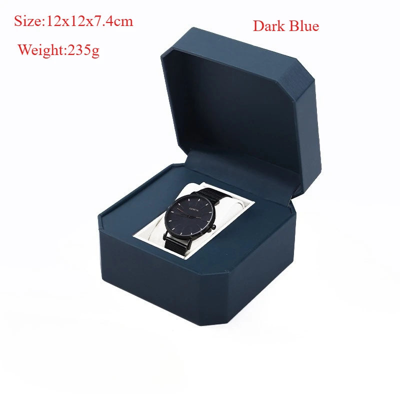 Vintage PU Watch Case Leather Octagonal/Arc Shaped Gift Watch Storage Box Stylish Watch Container Watch Display Box Qme WBO-Dark Blue