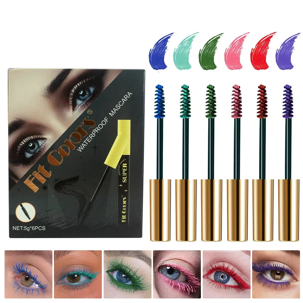6 Color/Set Colored Mascara Cream Blue Green Lasting Waterproof Mascara Curling Eyelashes Thick Curl 3D Non-smudding Mascara Qme
