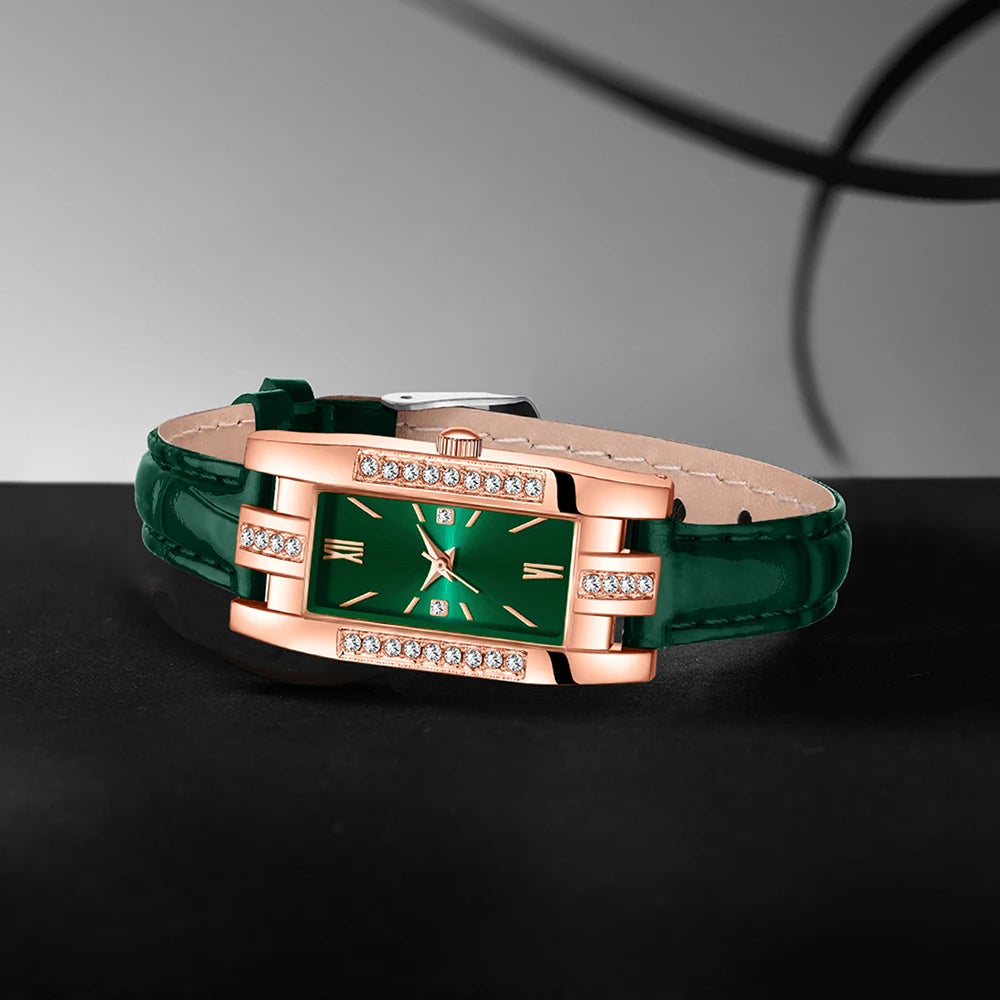 Luxury 6 In 1 Emerald Rhinestone Watch Necklace Earrings Ring Bracelet Set Qme