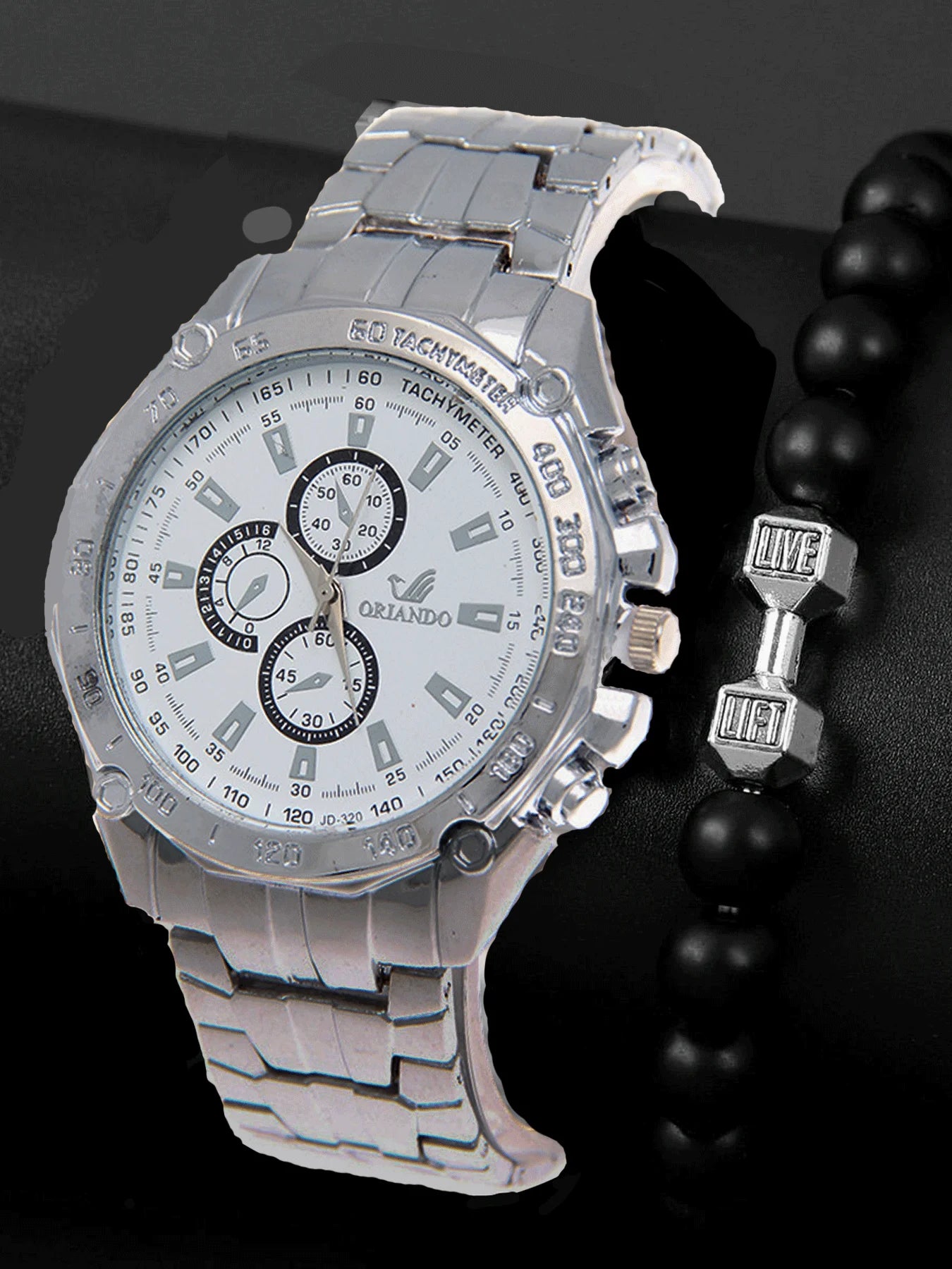 2-piece steel strap three eye men's watch precision scale business men's watch casual men's watch set Qme Silver No