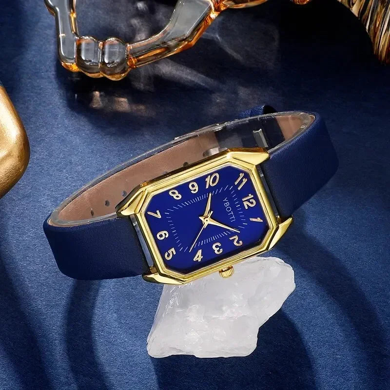 Luxury Fashion Square Women's Watches Brand Ladies Quartz Wristwatch Classic Simple Femme Blue Leather Band Relogio Feminino Qme