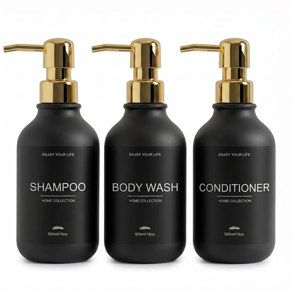Matte Black Shower Dispenser Bottles Plastic Shampoo Conditioner Body Wash Pump Bottles with Gold for Bathroom Vanity Shower Qme black