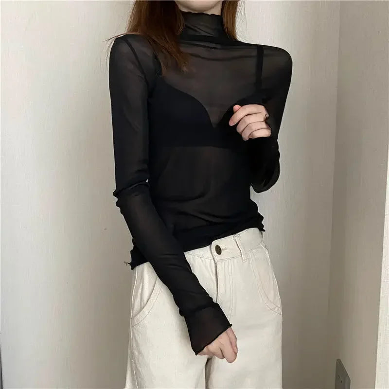 Floral Lace Shirt Spring Autumn Long Sleeve Sexy Mesh Bottoming Shirts Ladies Solid Turtleneck Silk T-Shirt Lace Crop Top Qme Bk XL