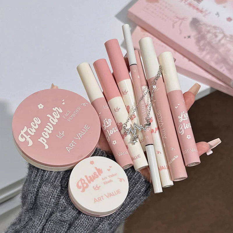 ART VALUE Makeup Set Include 4 Lip Glaze,1 Pressed Powder,1 Blush,1 Eyeliner,1 Eyebrow Pencil,1 Mascara With Necklce Cosmetics Qme