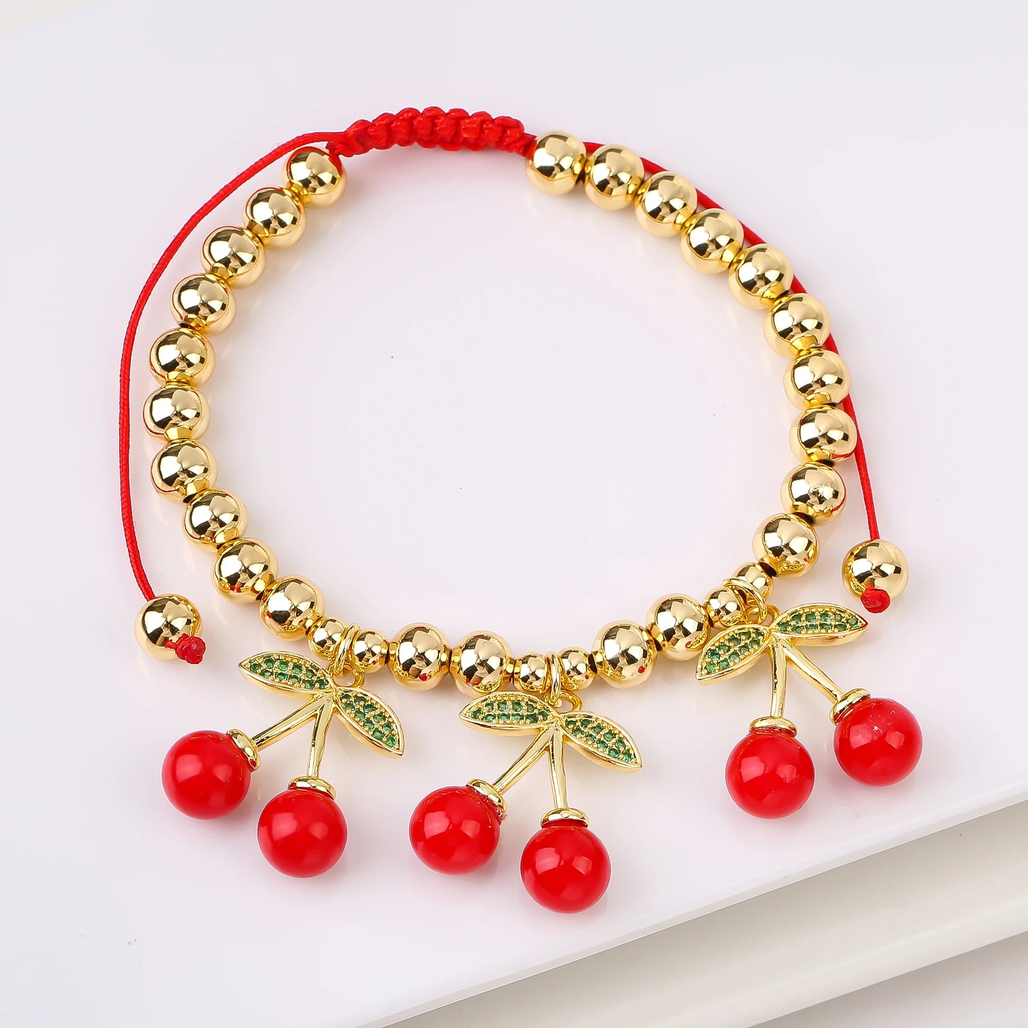 Gold-Plated Copper Bead Chain Braid Crystal Red Cherry Bracelet for Woman Female Daily Party Wrist Jewelry Friendship Gift Qme 24