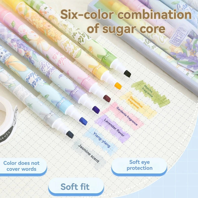 6Pcs/Set Dual Tip Fragrance Fluorescent Markers Pastel Drawing Pen for Student School Office Supplies Cute Stationery Qme