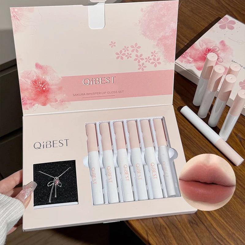 QIBEST 6Pcs/Box Matte Lipstick Sets And Mirror Watery Lip Glaze Lasting Lip Makeup Sets Moisturizing Lipgloss Necklace Gift Qme