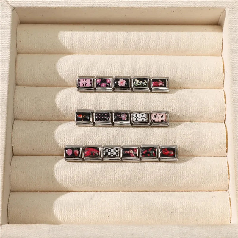 Wholesale Brilliant Rainbow Pretty Girl Black Italian Charm Links Fit 9MM Stainless Steel Bracelet Women Y2K DIY Making Jewelrys Qme