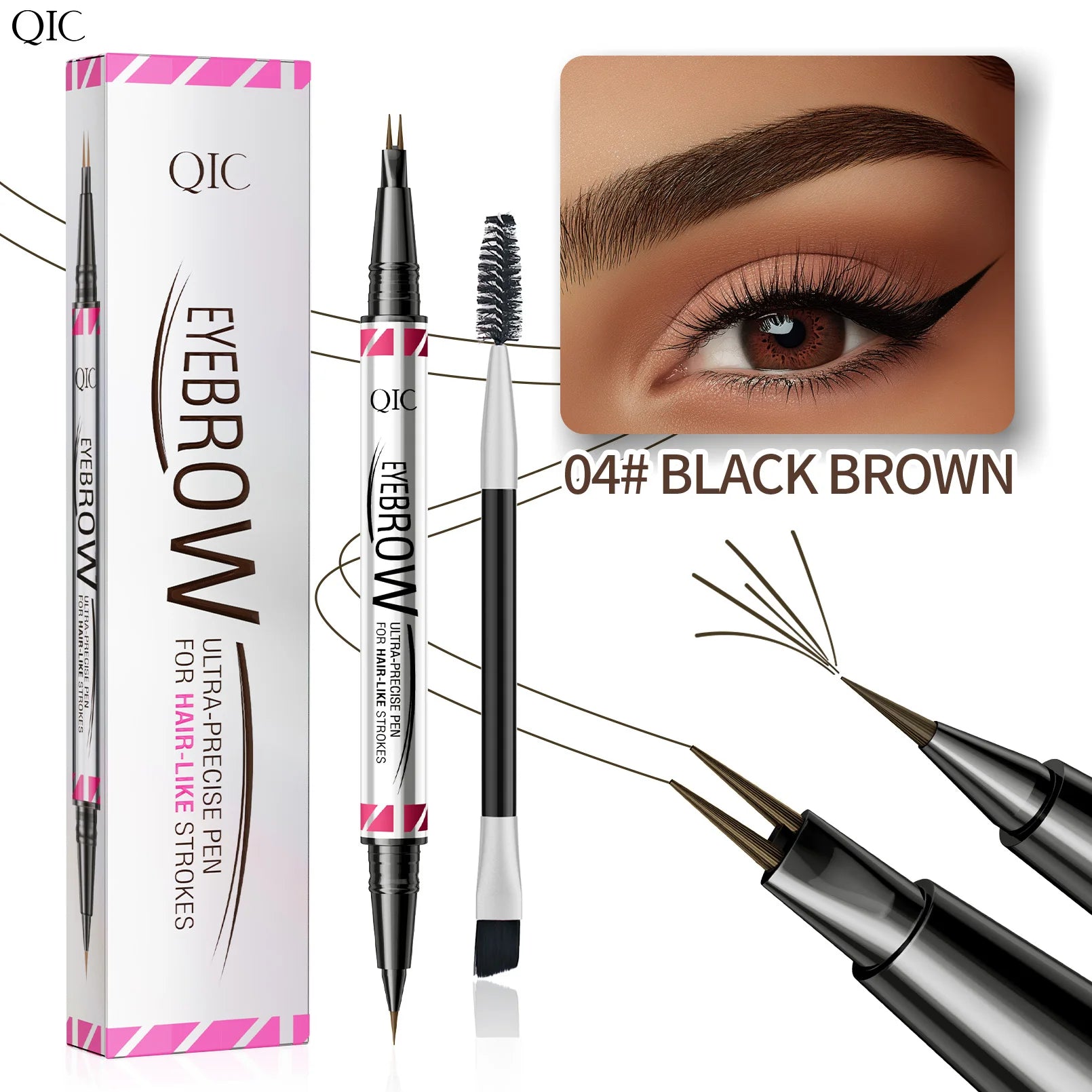 Waterproof Eyebrow Pencil with Micro Blade Tip & Brush Ended Liquid Brow Marker, Quick-Dry Non-Smudge Formula, Sweatproof Qme Q712-4