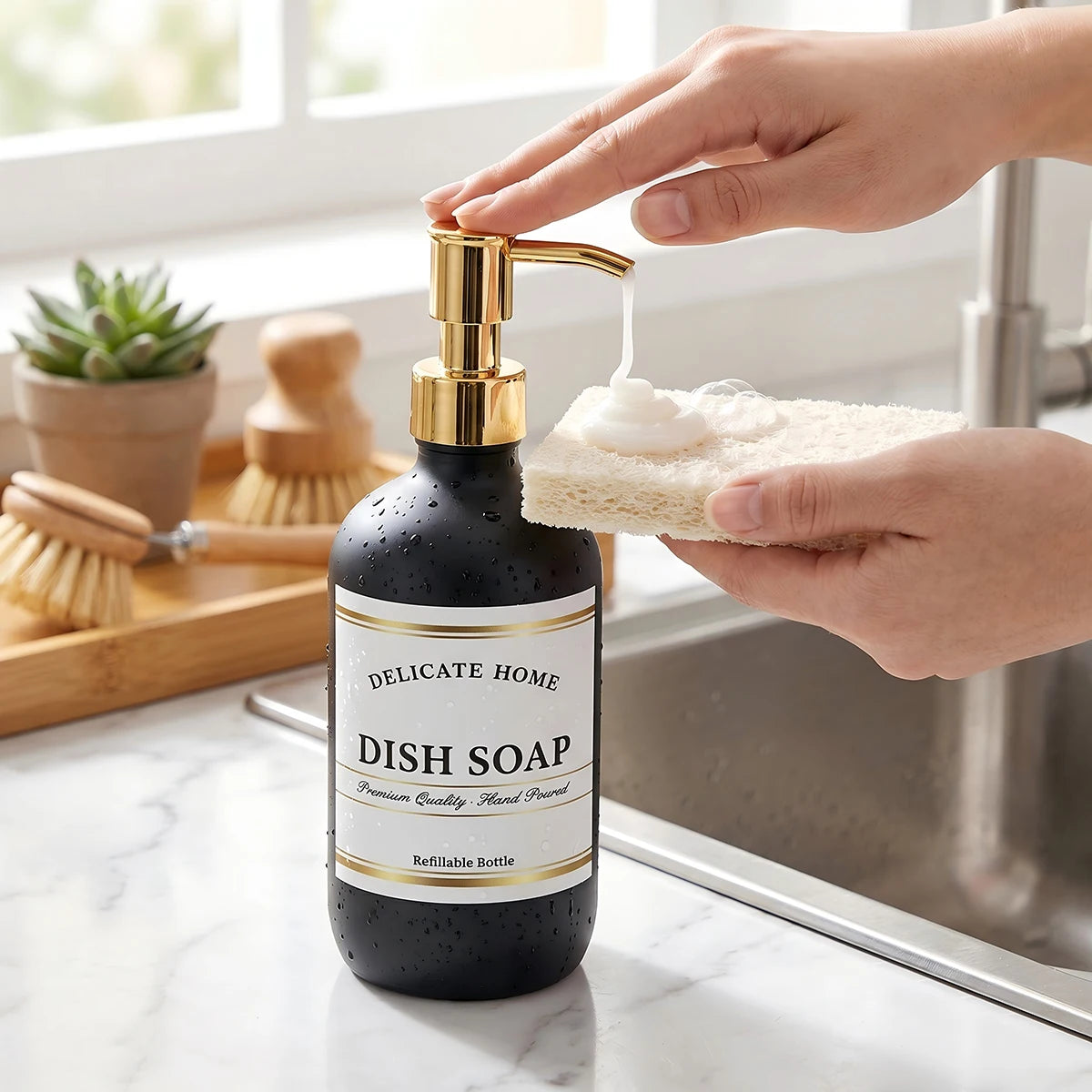 Kitchen Soap Dispenser Set- Matte Black and White Plastic Hand & Dish Soap Dispensers-16oz Refillable Bottles with Gold Pumps Qme