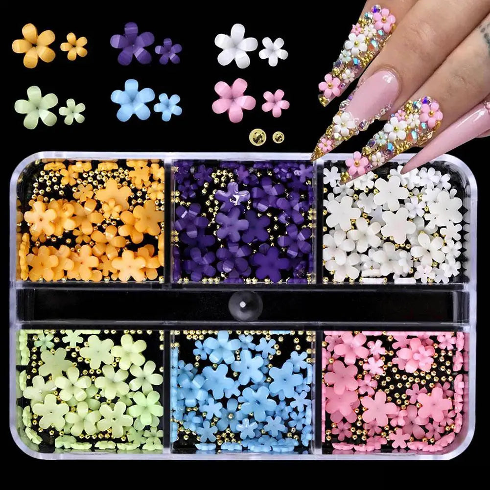 3D Acrylic Flower Nail Charms Art Cute Colorful Floral Caviar Beads Qme A- 6 gird
