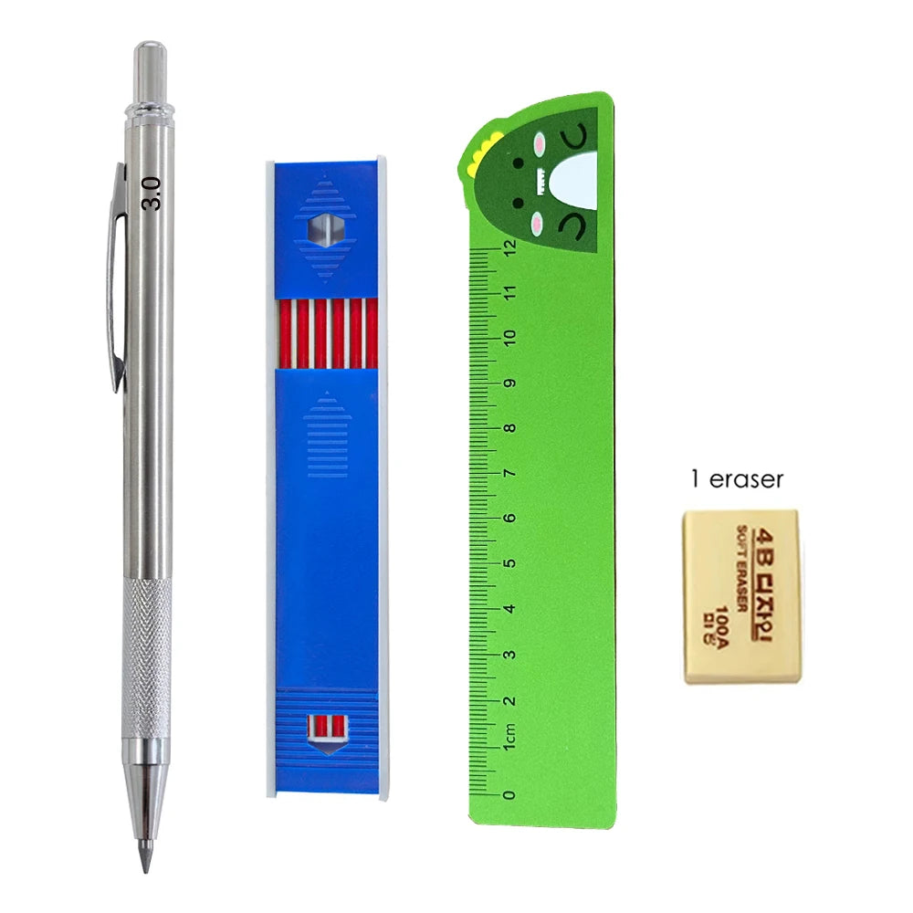 Mechanical Pencil Set 3.0mm Full Metal Art Drawing Painting Automatic Pencil with Leads Office School Supply Qme 4 PCS Set B