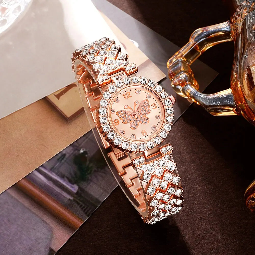 6pcs Fashion Crystal Butterfly Women's Watch Qme