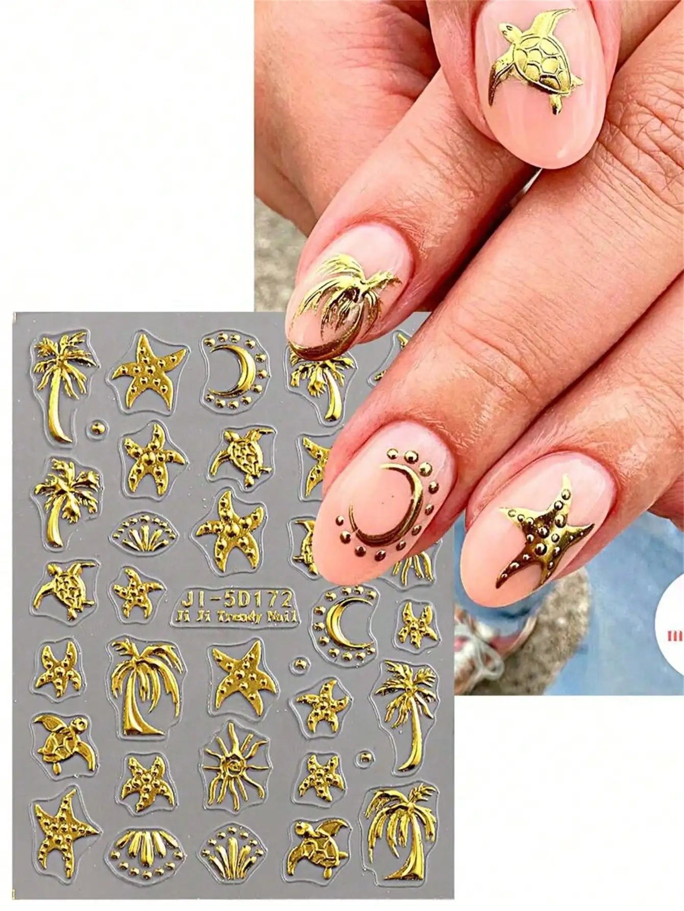 Stamping Summer 5D Nail Art Stickers Golden Coconut Tree Sea Turtle Qme