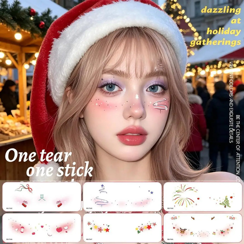 A New Stock Christmas Face Tattoo Stickers, Waterproof Sweatproof Creative Makeup Decals for Xmas Party Ball Event Cosplay Qme