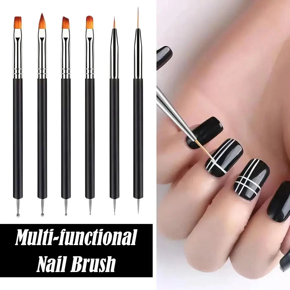 6Pcs Black Multi-Function Nail Art Brushes Set Dotting Line Flat Round Head For DIY Professional Gel Nail Polish Manicure Tools Qme