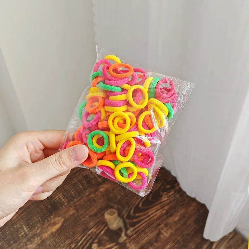 100Pcs Colorful Basic Nylon Ealstic Hair Ties For Girls Ponytail Hold Scrunchie Rubber Band Kid Fashion Hair Accessories Qme fluorescent color