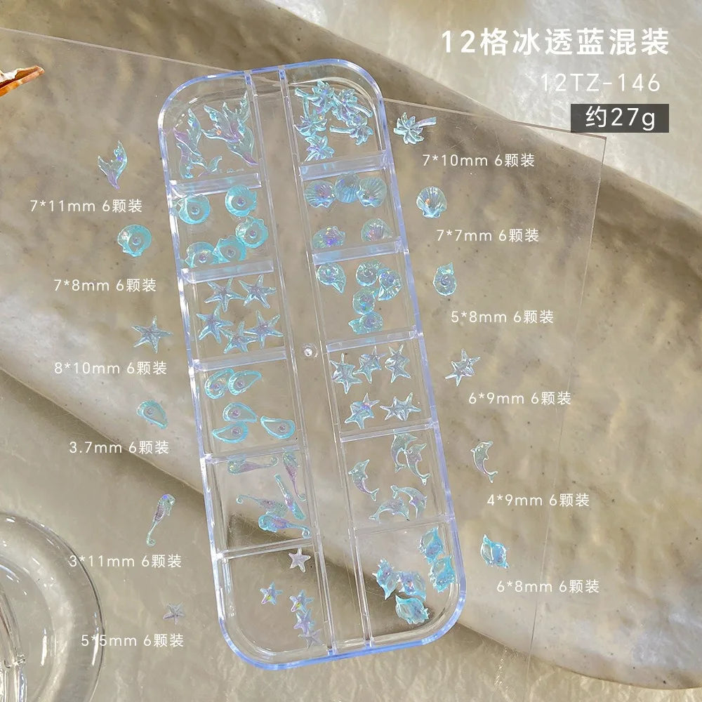 Mixed Aurora Shell Nail Charms Ocean Series Starfish Conch Coconut Tree Resin Nail Art Decorations DIY Manicure Accessories Qme F 12 Grids