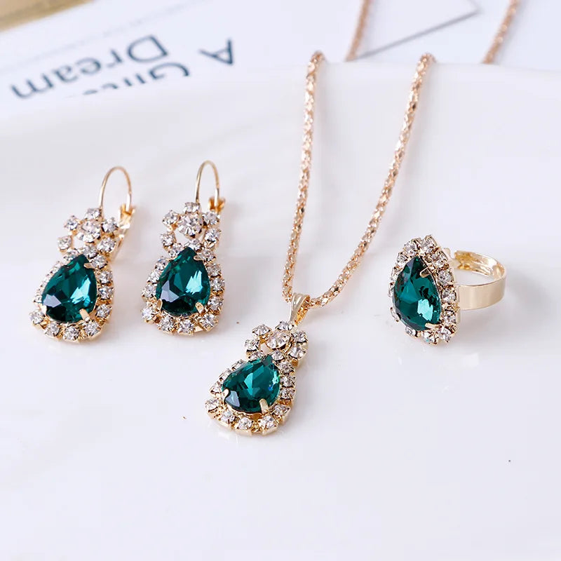 3ps Set Fashion Water Drop White Blue Red Purple Black Temperament Jewelry Sets for Party Women Pendant/Necklace/Earrings/Rings Qme green