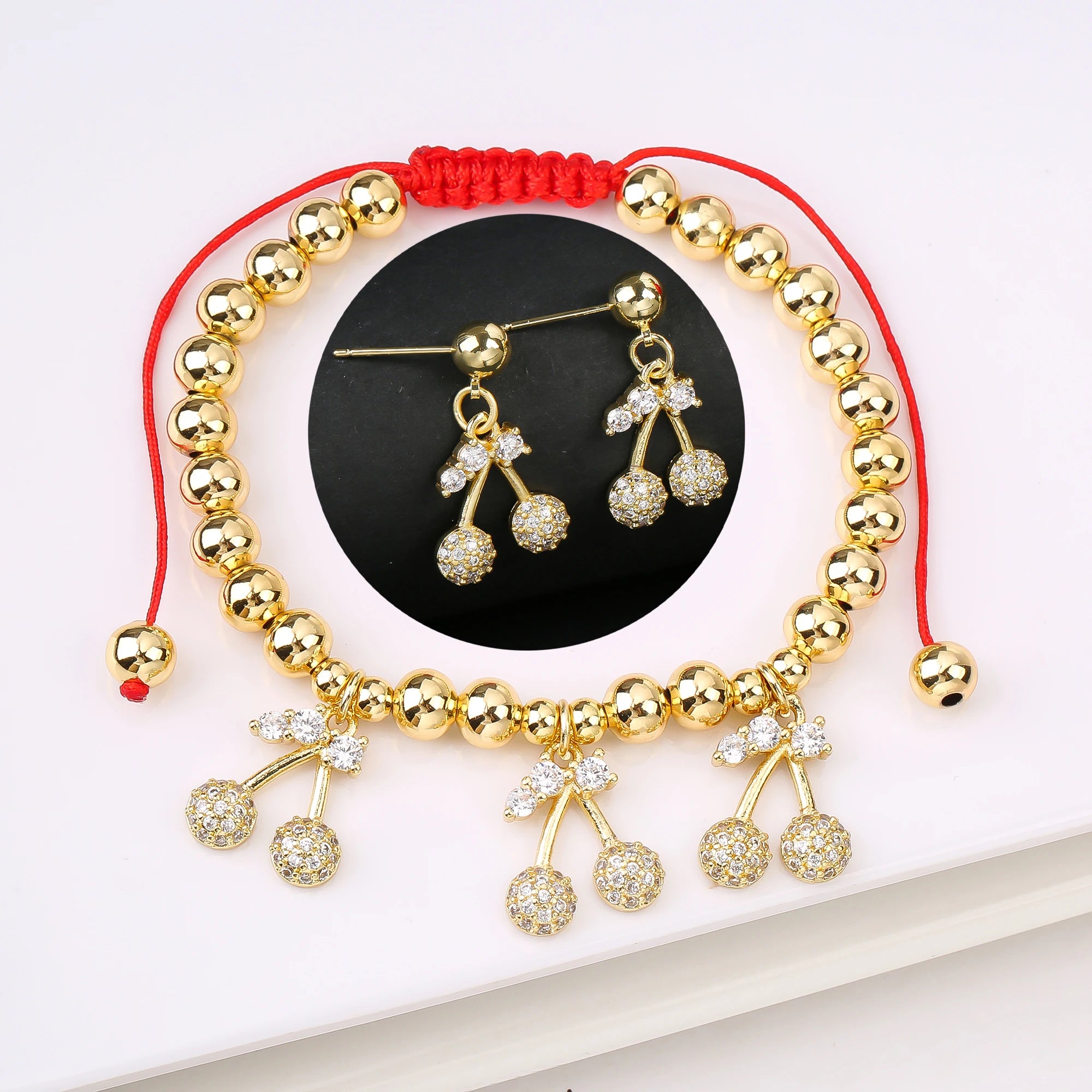 2PCS Trendy Red Cherry Strawberry Bracelet Earring Fruit Set for Women Casual Vacation Zirconia Jewelry Girls Lucky Gift Qme Jewelry Set 5