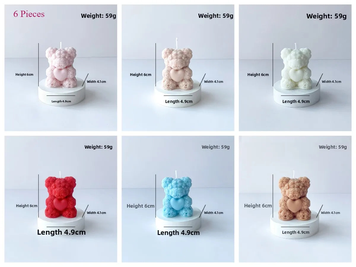 6-Piece Cute Rose Bear Scented Candle Atmosphere Ornament Valentine Gift for Women Home Decor Wedding Birthday Party Souvenir Qme J-0338-6PCs