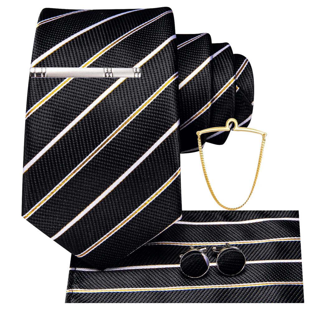 Hi-Tie Men's Smart Business Tie Set 5 Pcs - Striped Tie, Handkerchief, Cufflinks, Lapel Clip, Chain Qme