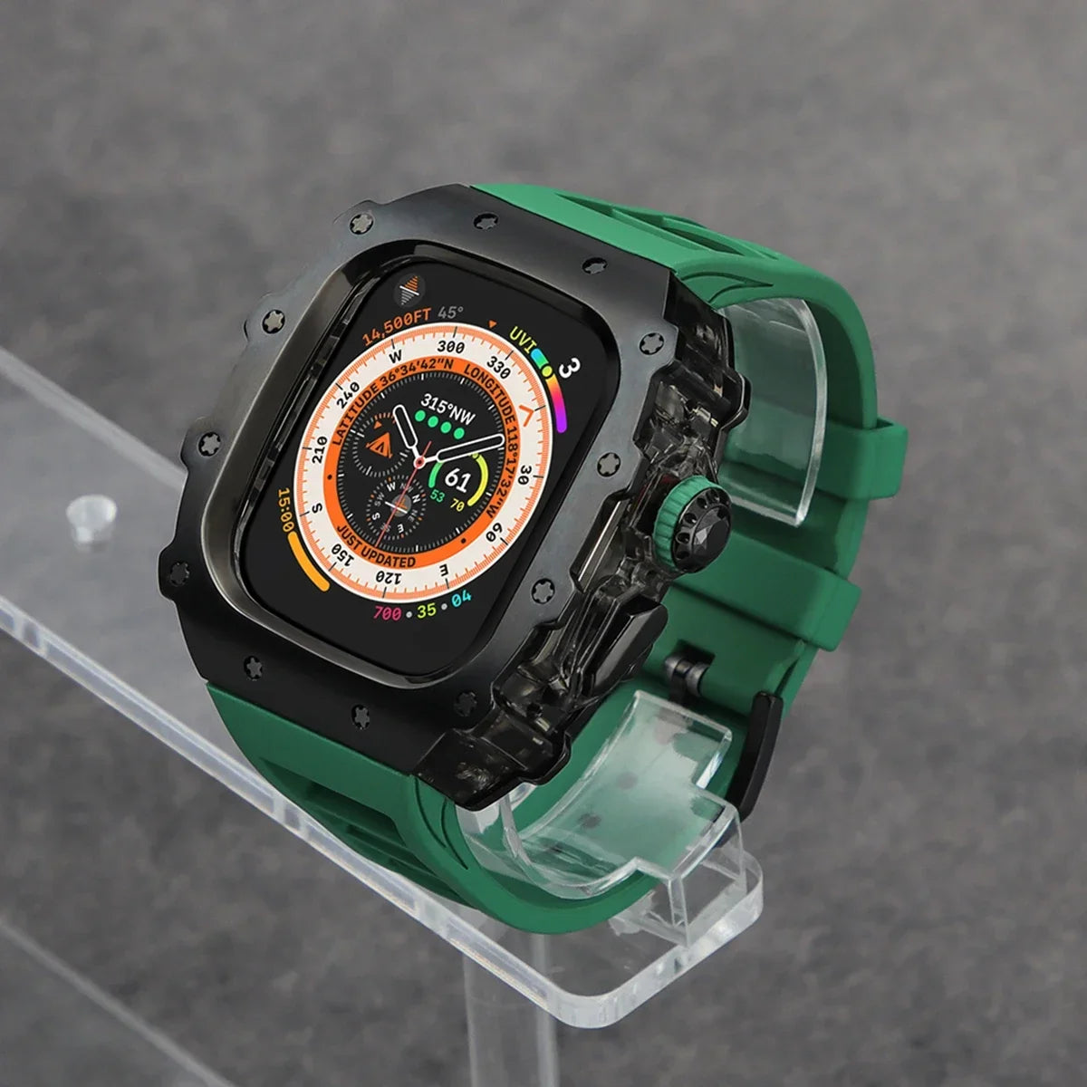 Luxury Modification Kit For Apple Watch Ultra 2 49mm Stainless Steel Case For IWatch 9 8 7 6 45mm 44mm Crystal Button Sport Band Qme Green-B 44mm-Series 6 5 4 SE