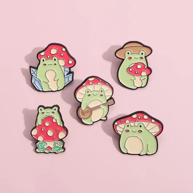 Cartoon Cute Frog Mushroom Series Brooch Enamel Pin Animal Plant Metal Badge Backpack Lapel Fashion Jewelry Gift Friend Kid Qme