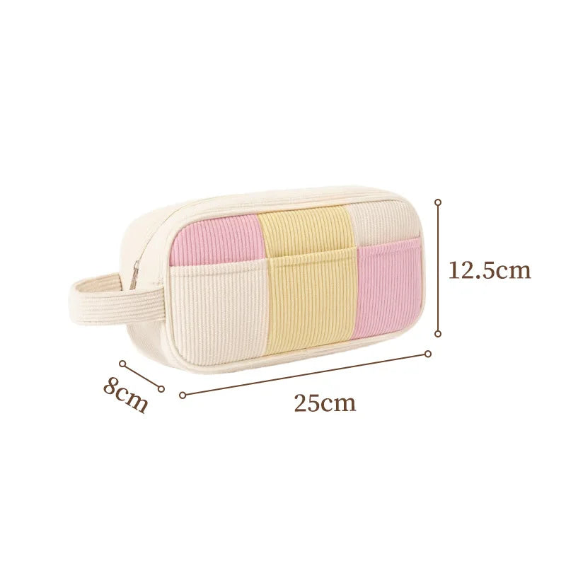 A New double-layer makeup bag, corduroy travel partition makeup brush storage bag, handheld large capacity toiletry bag Qme Portable Beige