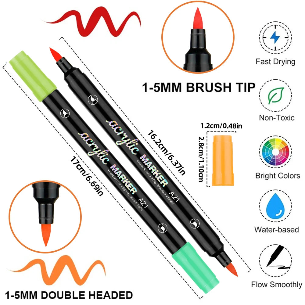 24/48/72 Colors Dual Brush Tip Acrylic Markers Pens, for Rock, Wood, Fabric, Glass, Canvas, Ceramic, Christmas DIY Art Supplies Qme