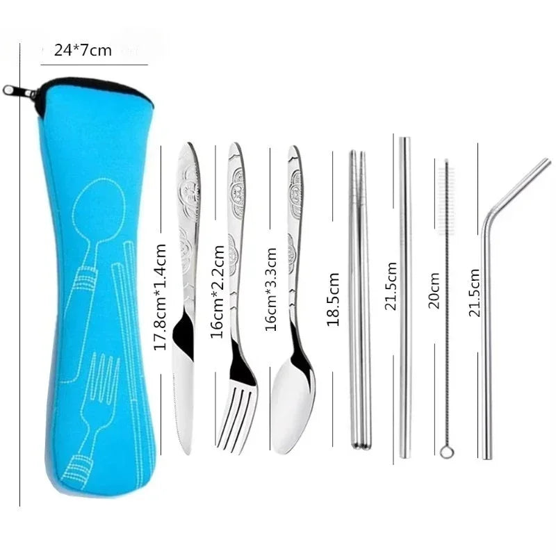 Portable Stainless Steel Cutlery Bag Spoon Fork Knife Chopsticks Qme