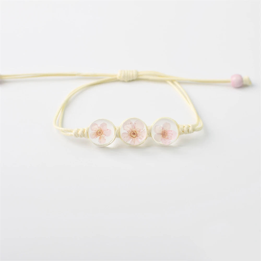 b22 Glass Ball Dried Cherry Blossoms Hand-made Dried Flower Charm Bracelets Multiple options Gifts Natural Flower Weave Jewelry Qme light pink