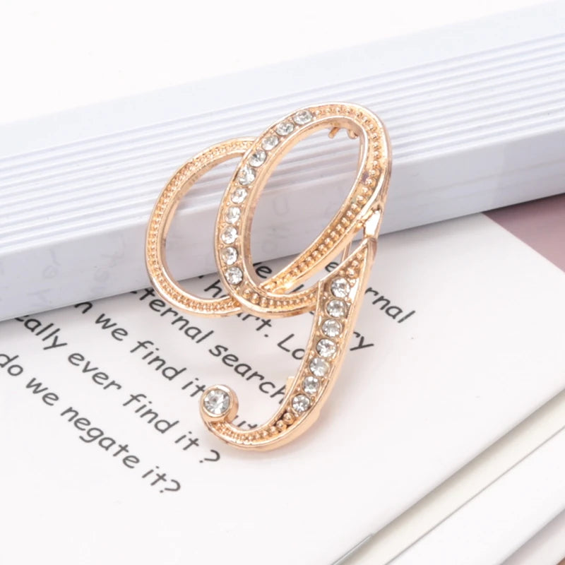 Women Luxury Letter Brooch Pins Gold Rhinestones Crystal English Qme G