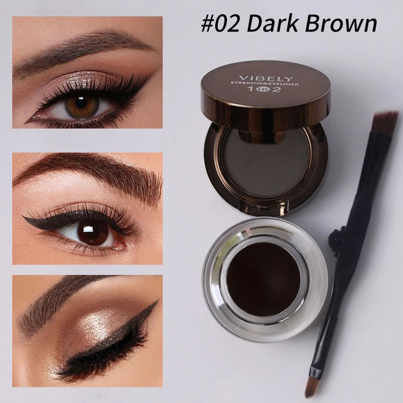 2 in 1 Eyebrow Powder & Eyeliner Gel High Pigment Silky Smooth Waterproof Long Lasting Dual-Ended Brush with Mirror Makeup Qme 02