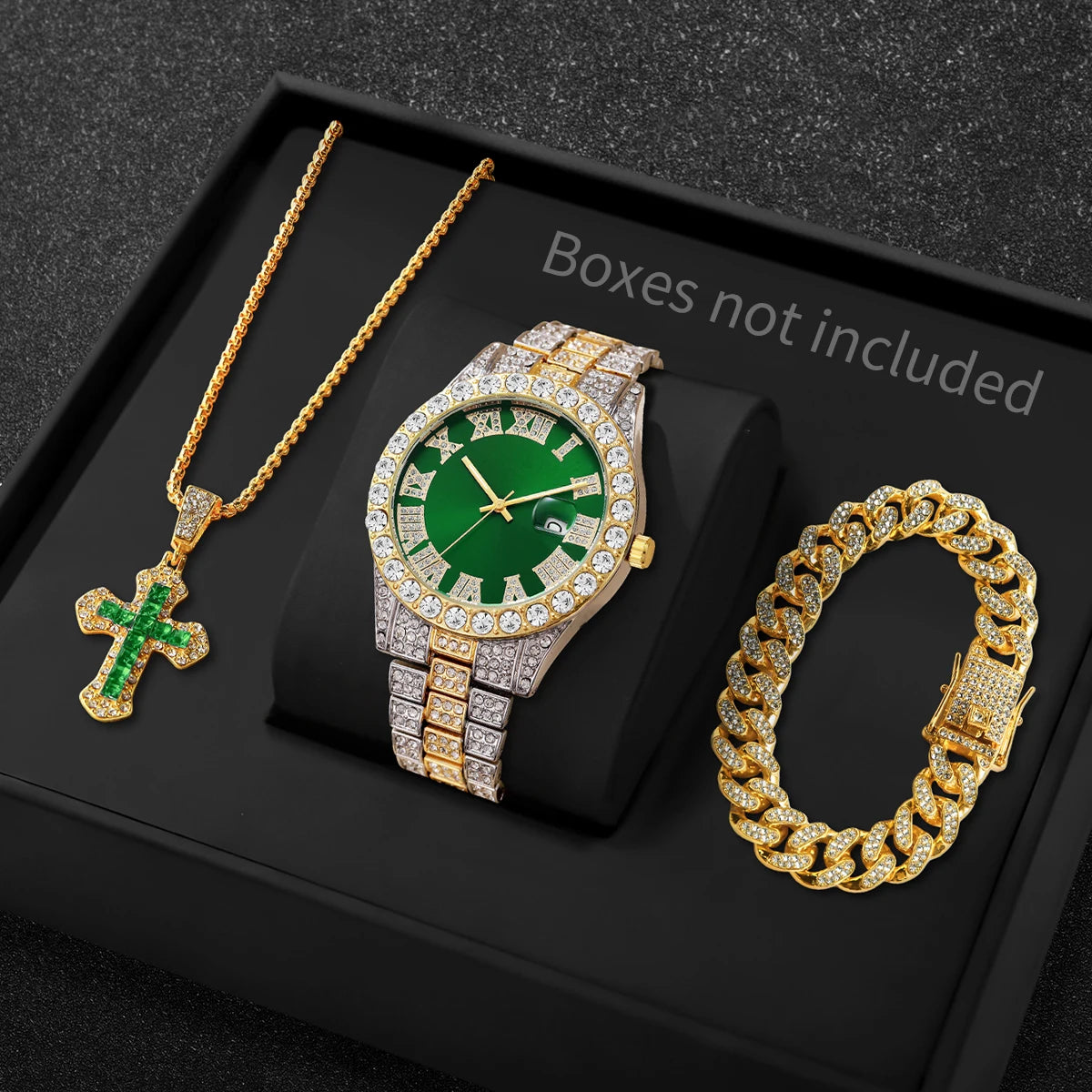 Silver Full Rhinestone Blue Roman Calendar Men Watch With Cross Necklace Bracelet Qme Mix Green No Box