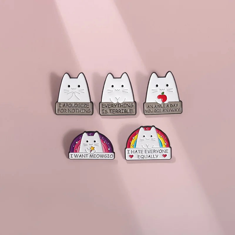 Cute Rainbow Cat Enamel Pins I HATE EVERYONE EQUALLY Funny Kitten Brooches Lapel Metal Badge Backpack Jewelry Pins Wholesale Qme