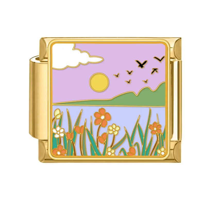 Gold Color Spring Summer Colorful Starfish Beach Sky Flowers Italian Charm Links Fit 9mm Women Stainless Steel DIY Bracelet Gift Qme Style 30