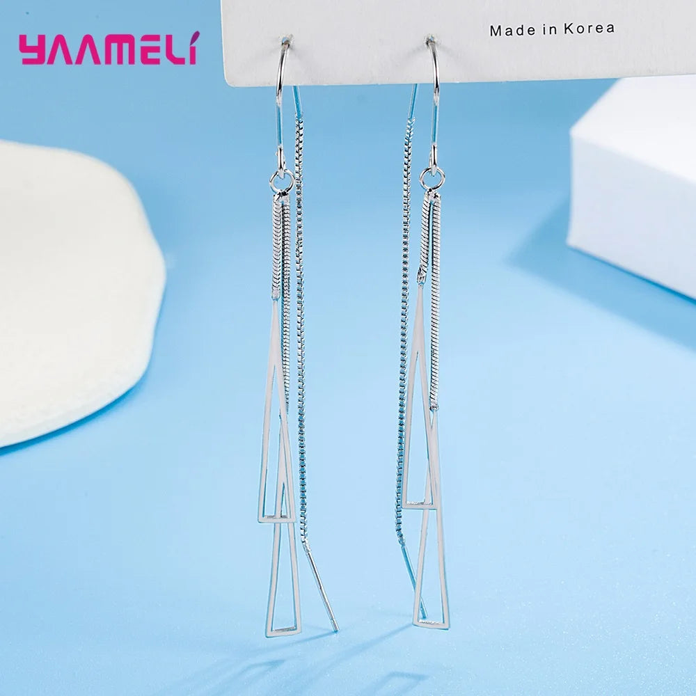 925 Sterling Silver Color Earrings Fashion Jewelry Geometric Tassel Long Box Chain Thread Pendientes Ear Decoration Ornaments Qme