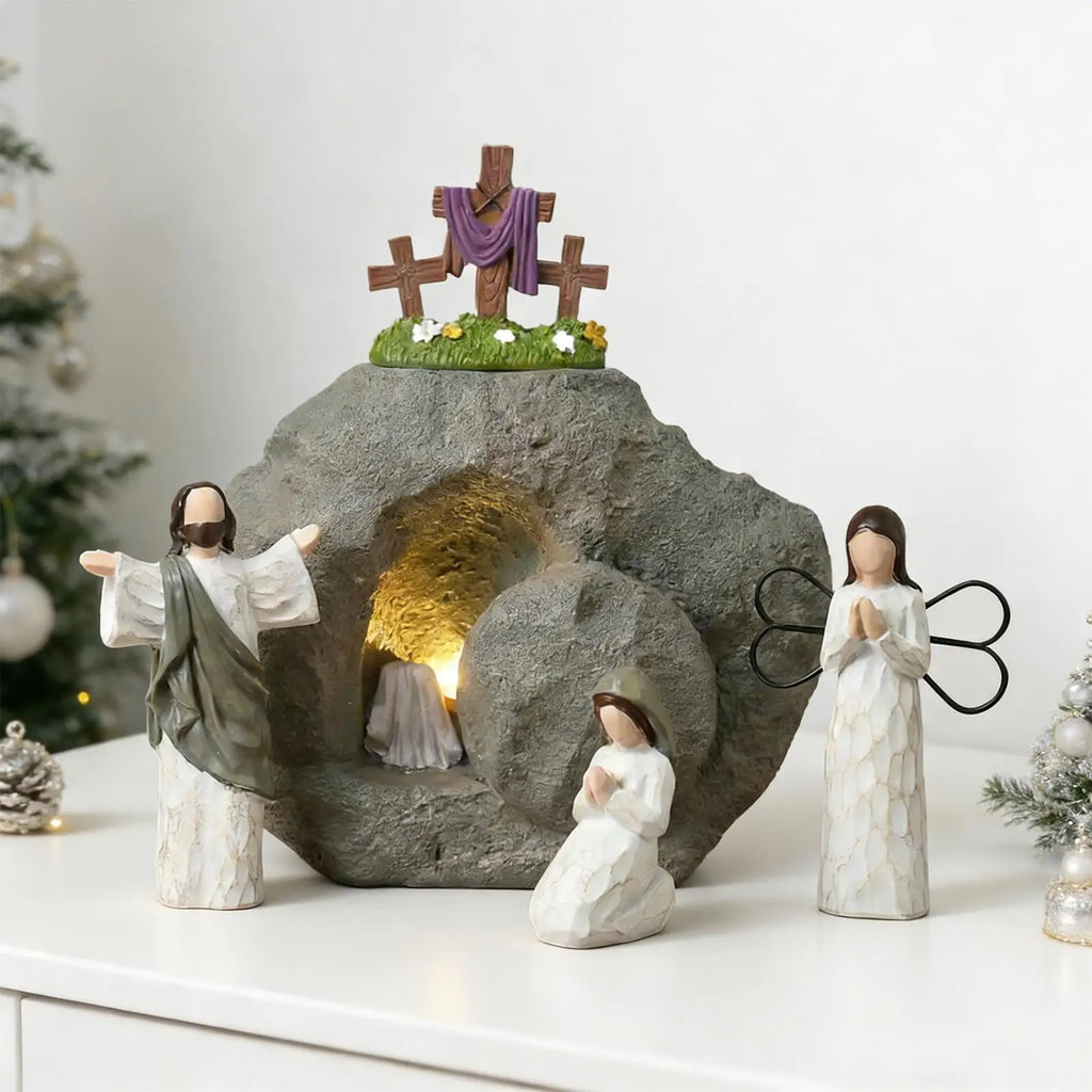 2026 Empty Tomb Easter Scene Religious Resin Centerpiece Easter Tomb for Spring Office Mantle Shelf Christian Home Church Qme