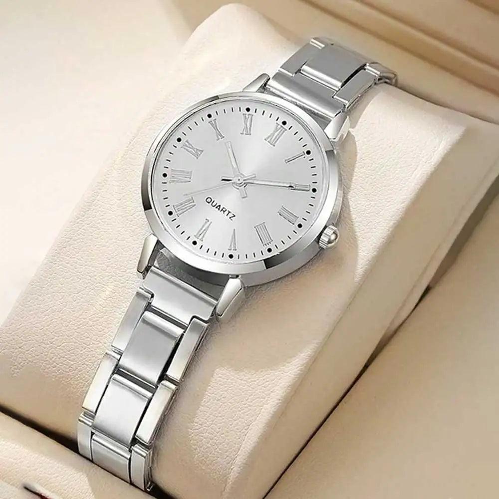 4PCS Golden Simple Roman Disc Women's Steel Belt Watch Love Bracelet Unlimited Diamond Set Bracelet Qme