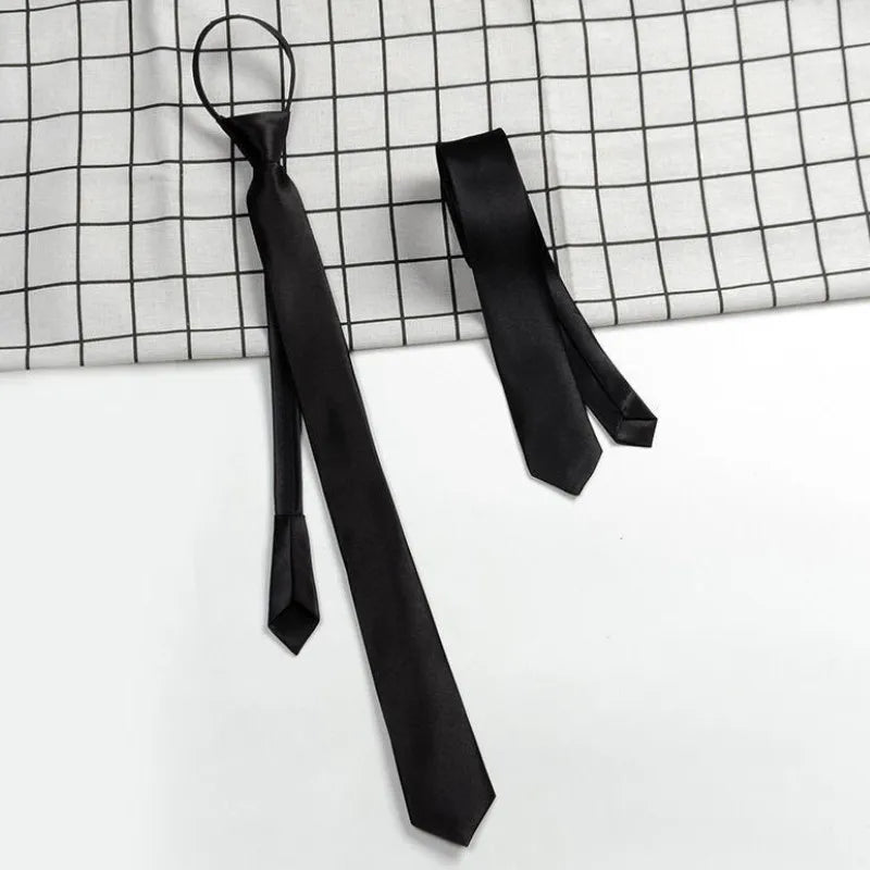 Black Unisex Zipper Ties Retro Silky Narrow Neck Tie Slim Smooth Qme