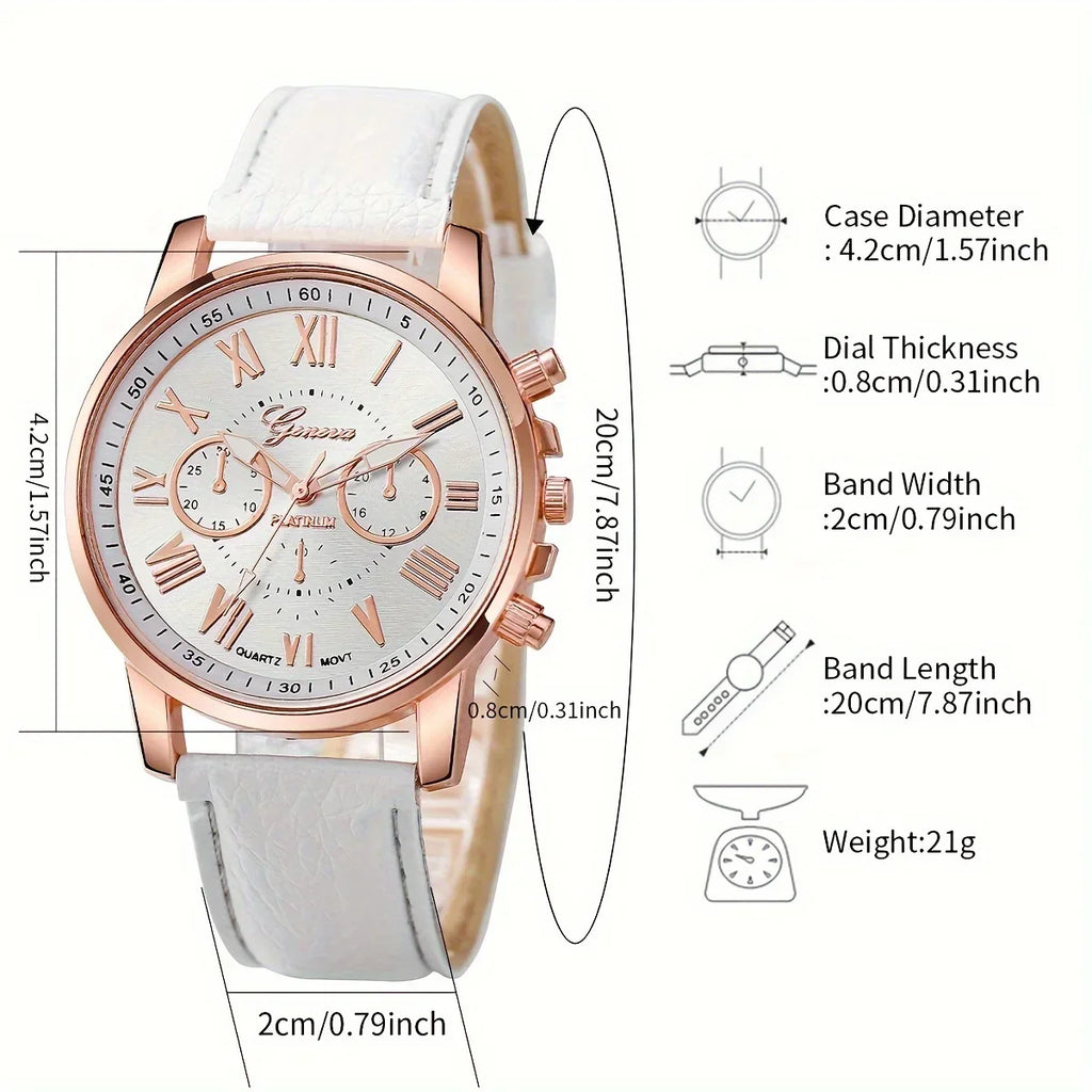 6pcs/set White Round Quartz Watch PU Leather Strap Zinc Alloy Pointer Zinc Alloy Case And Rhinestone Qme