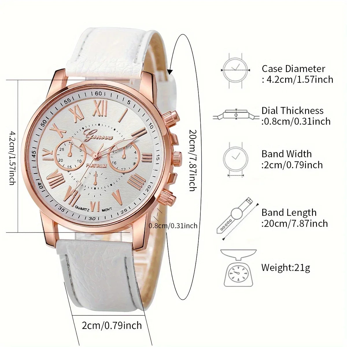 6pcs/set White Round Quartz Watch PU Leather Strap Zinc Alloy Pointer Zinc Alloy Case And Rhinestone Qme