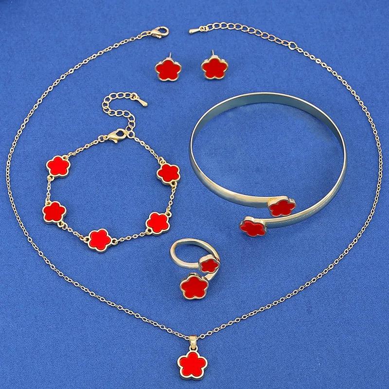 5PCS Five Leaf Flower Jewelry Set Bracelet Necklace Earrings Ring Bangle Classic for Woman Girl Party Brand Jewelry Gift Clover Qme 5PCS Red