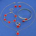 5PCS Five Leaf Flower Jewelry Set Bracelet Necklace Earrings Ring Bangle Classic for Woman Girl Party Brand Jewelry Gift Clover Qme 5PCS Red