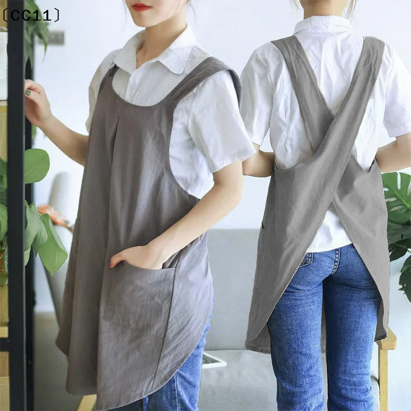Cross Back Aprons Women Smock Apron Pockets Cute Gardening Dress Qme